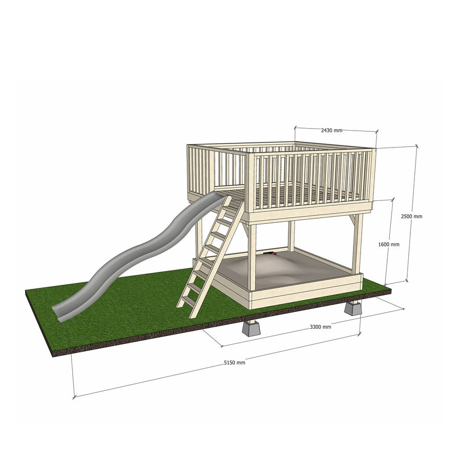 Wooden platform 2400 x 2400mm size with slide, sandpit, and dimensions