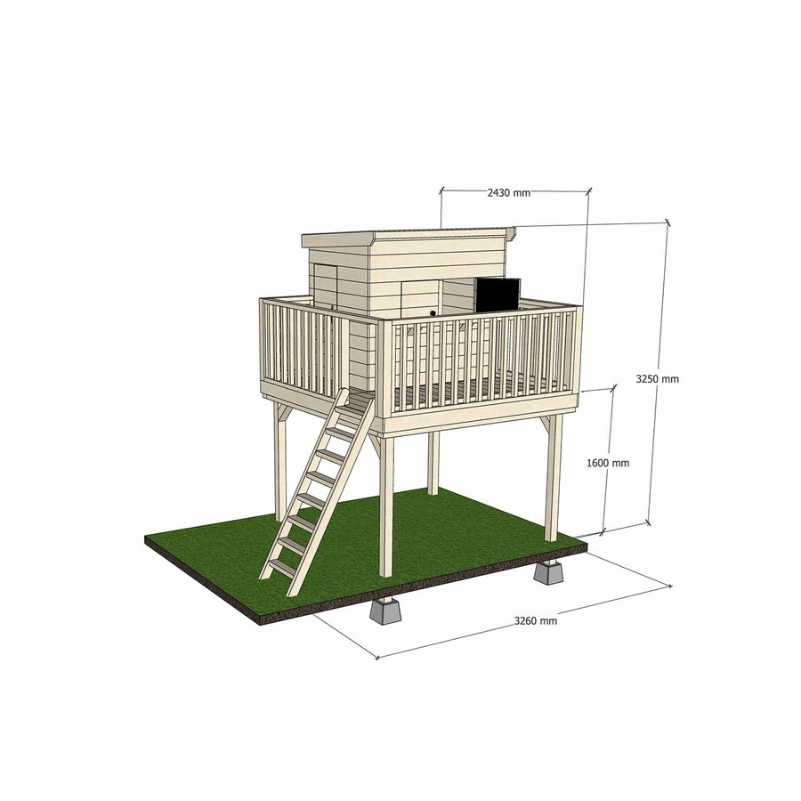 Natural timber platform with little rectangle treehouse and dimensions