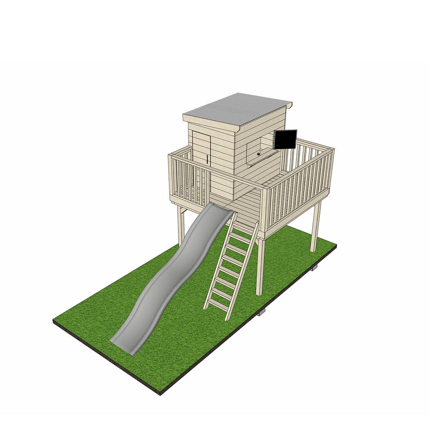 Wooden platform with little rectangle treehouse and slide