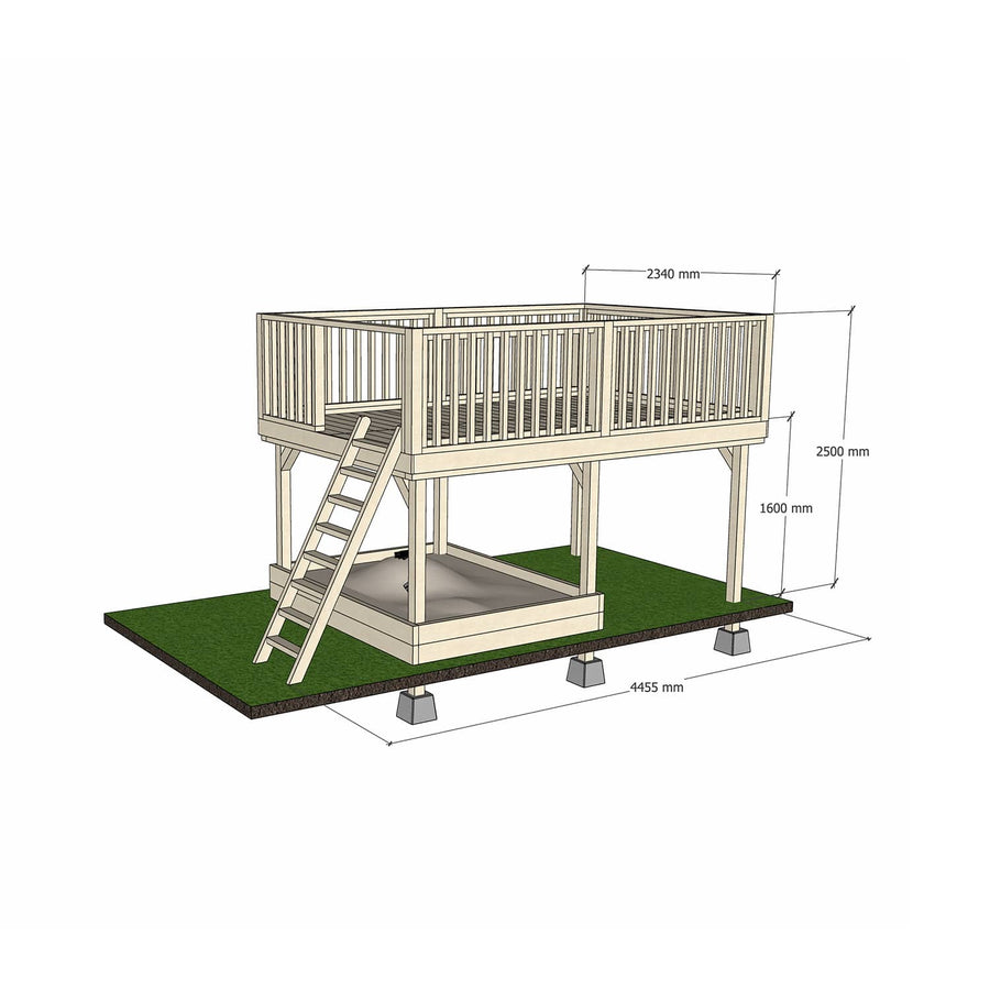 Wooden platform 2400 x 3600mm size with sandpit and dimensions