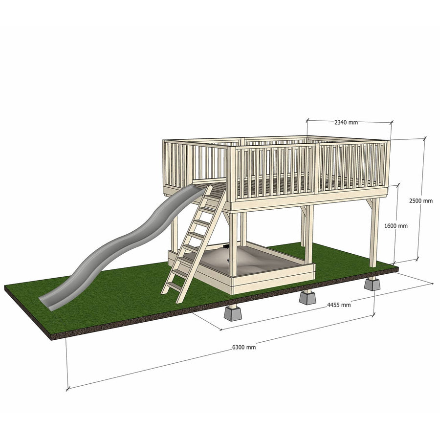 Wooden platform 2400 x 3600mm size with slide, sandpit, and dimensions