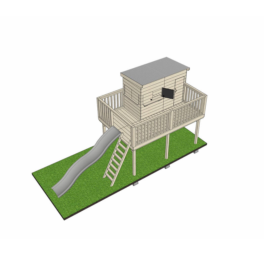 Wooden platform with midi rectangle treehouse and slide