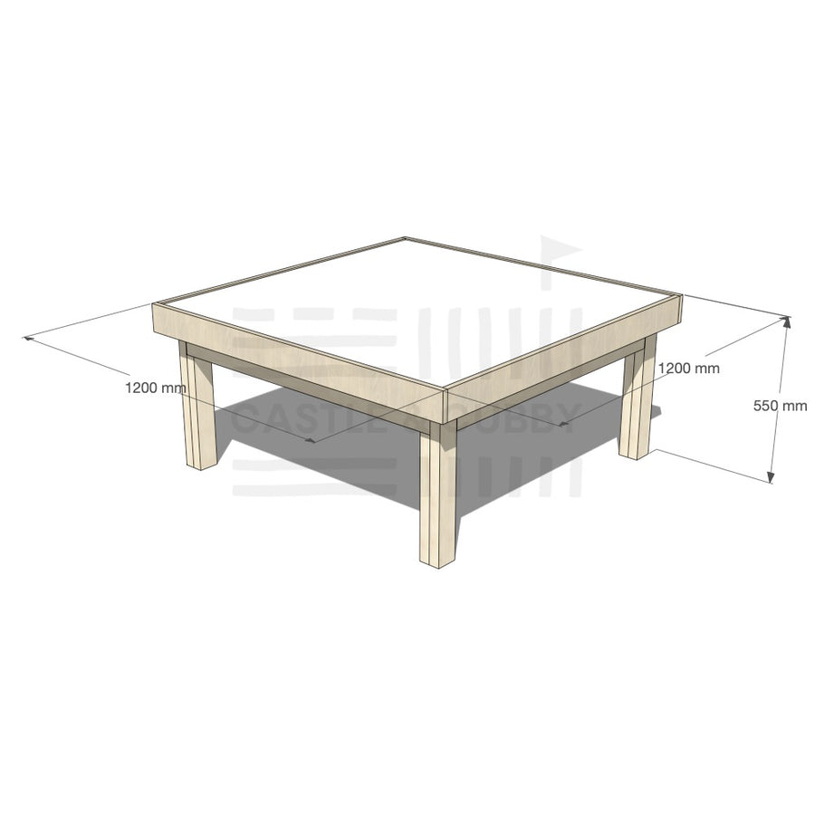 Pine wooden multipurpose arts and craft table 1200 x 1200mm and 550mm height with dimensions