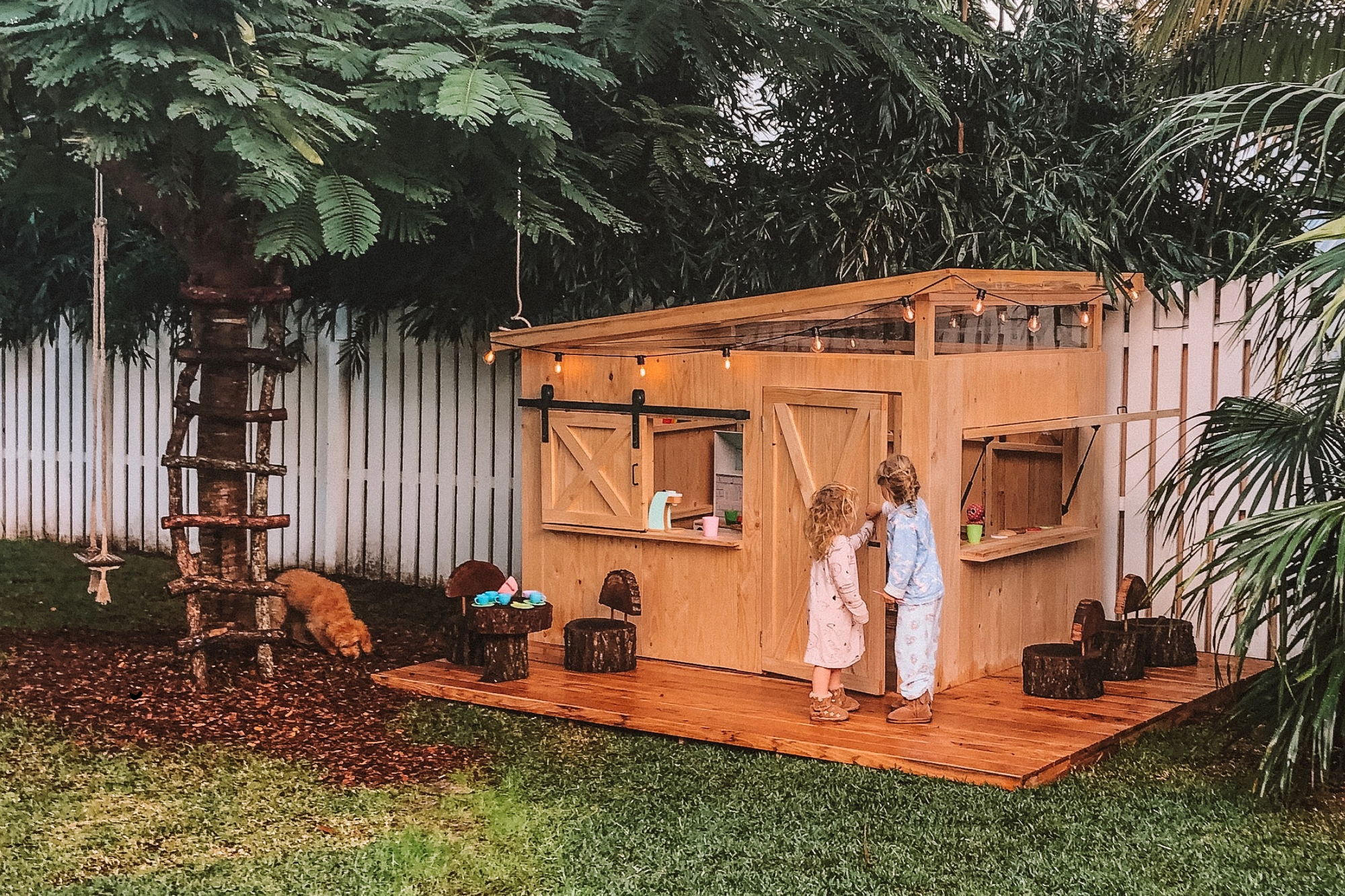 Castle & Cubby Kids playing in Wooden Cubby Houses 
