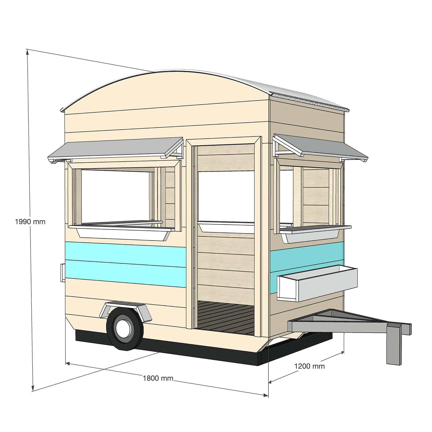 Castle and Cubby Timber Caravan Food Truck BBQ Kitchen Role Play Commercial with dimensions