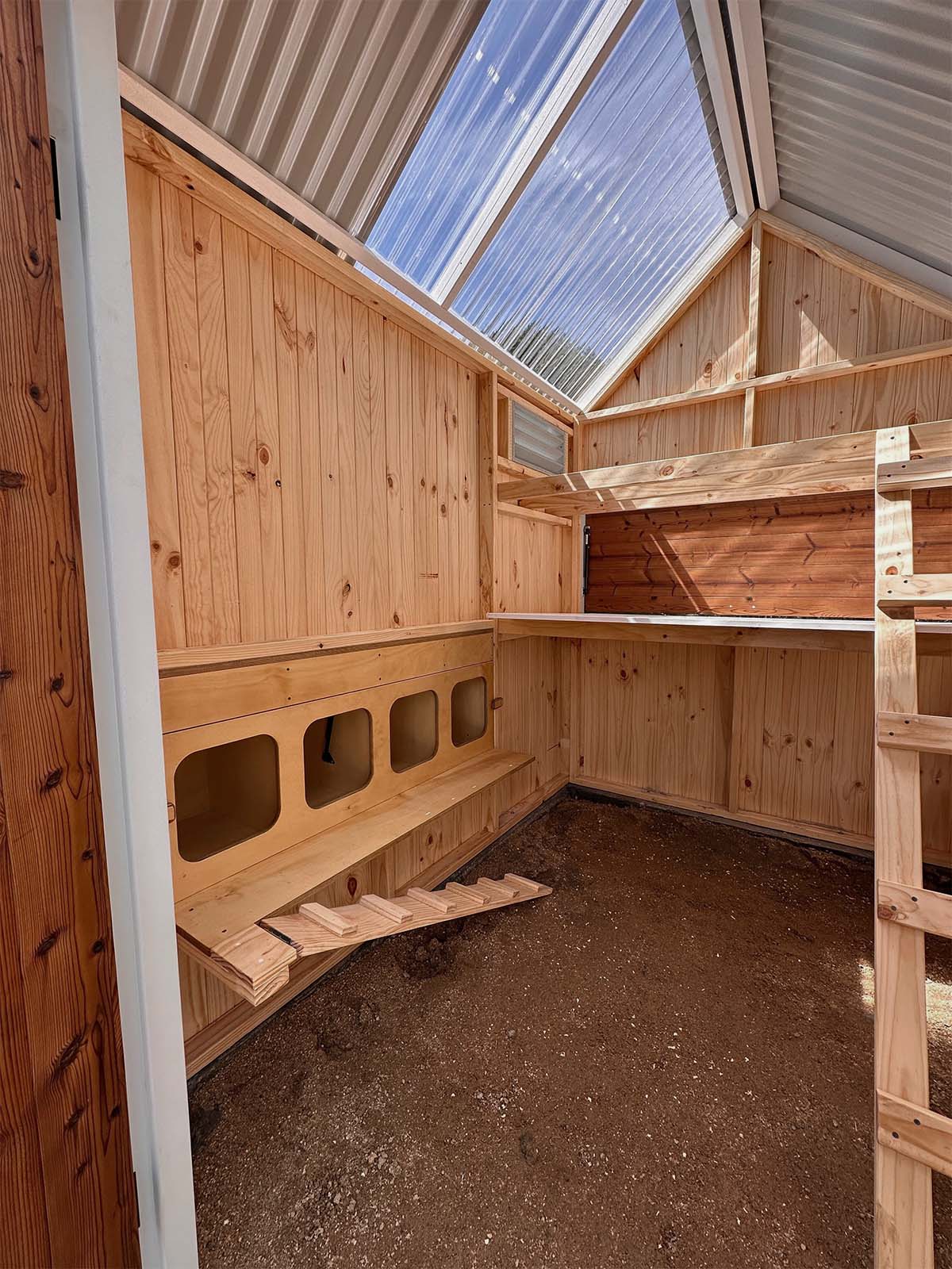 Bespoke Pine interior of a large barn style chicken coop with clear roof panels