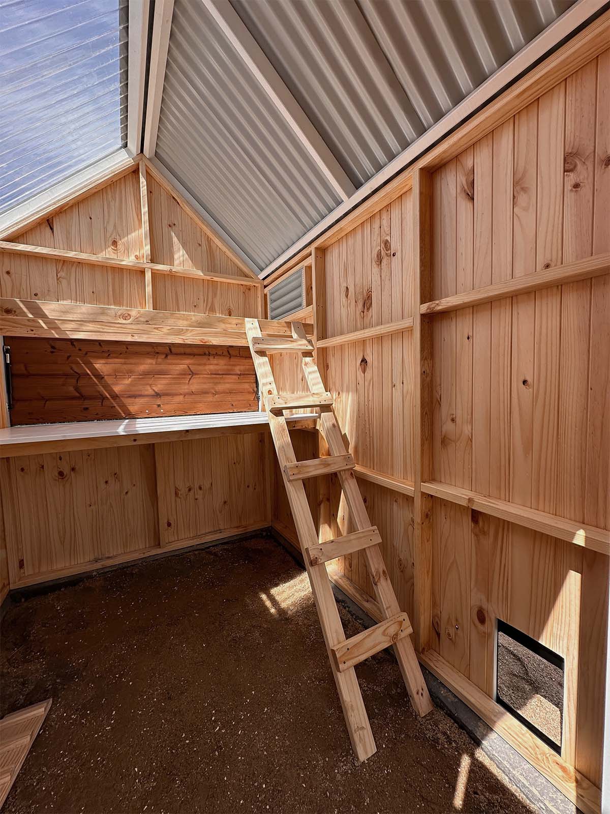 Bespoke Pine interior of a large barn style chicken coop with clear roof panels