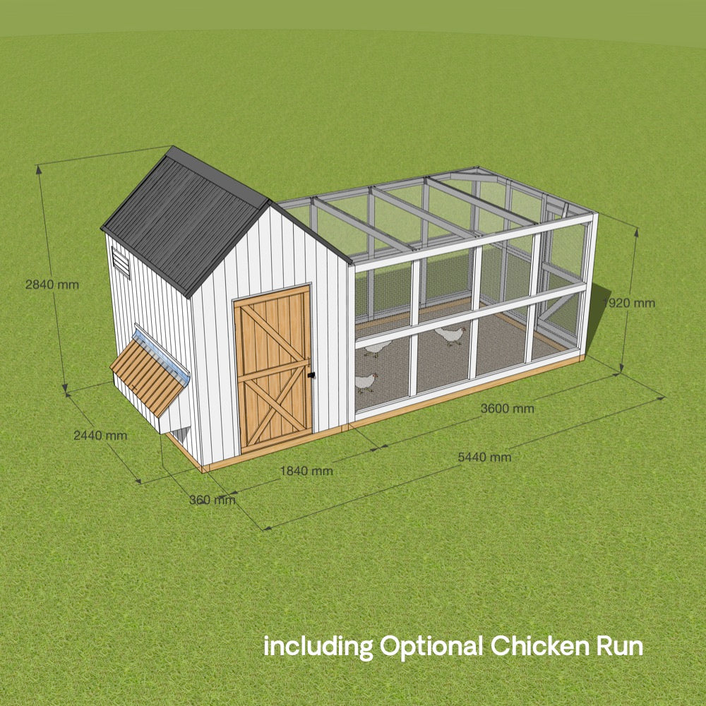 Dimensioned CAD image of a large white barn style chicken coop with attached run 2840mm high, 2440mm deep and 5440mm wide