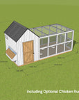 Dimensioned CAD image of a large white barn style chicken coop with attached run 2840mm high, 2440mm deep and 5440mm wide