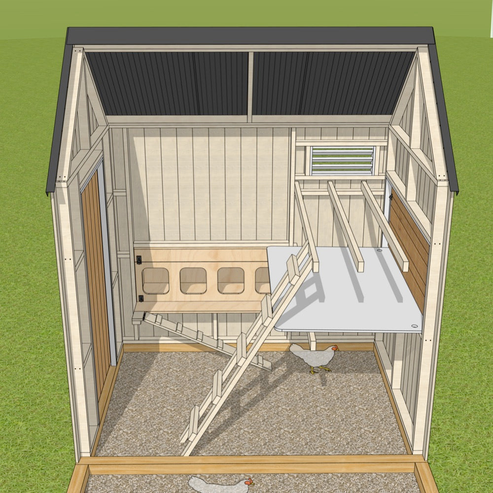 Sectional CAD image showing interior layout for a large barn style chicken coop