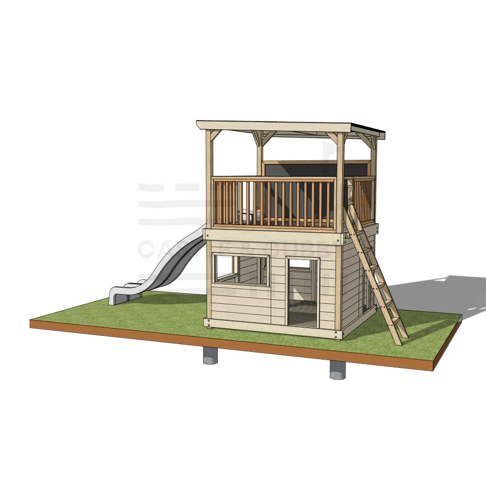 Wooden cubby house with platform on roof and ladder and double slide