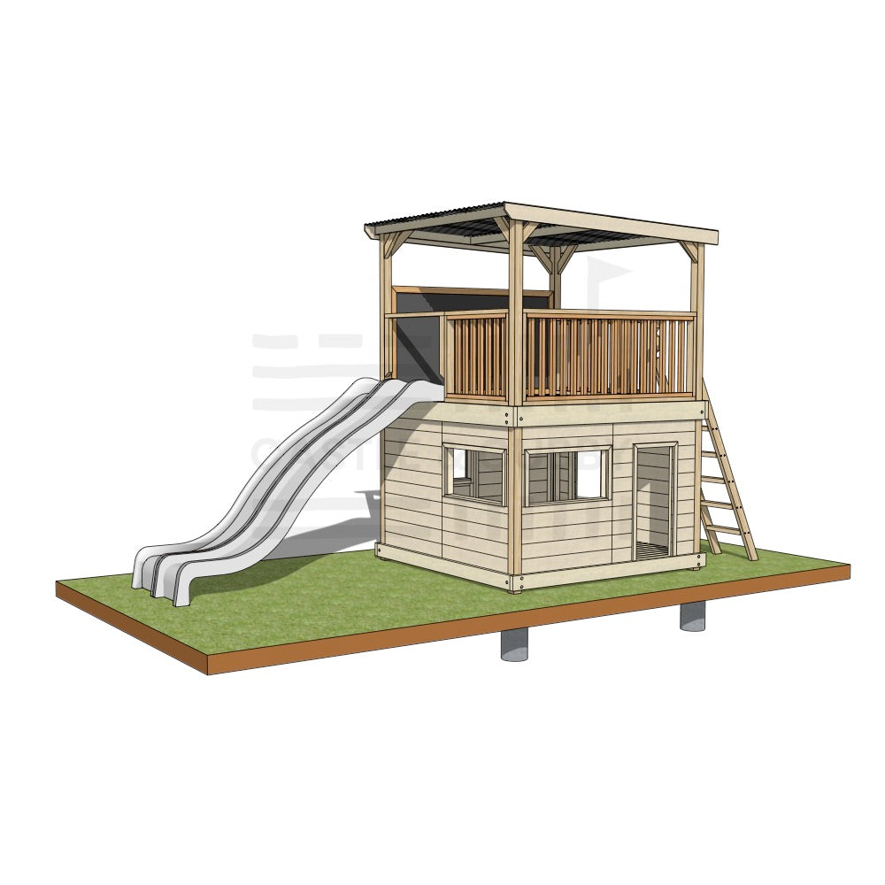 Wooden cubby house with platform on roof and double slide
