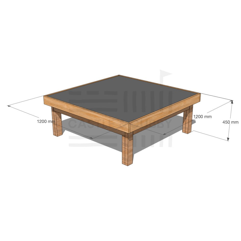 Timber multipurpose chalkboard drawing table 1200 x 1200mm and 450mm height with dimensions