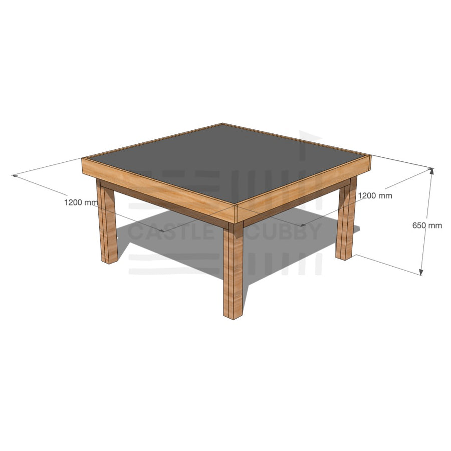 Timber multipurpose chalkboard drawing table 1200 x 1200mm and 650mm height with dimensions