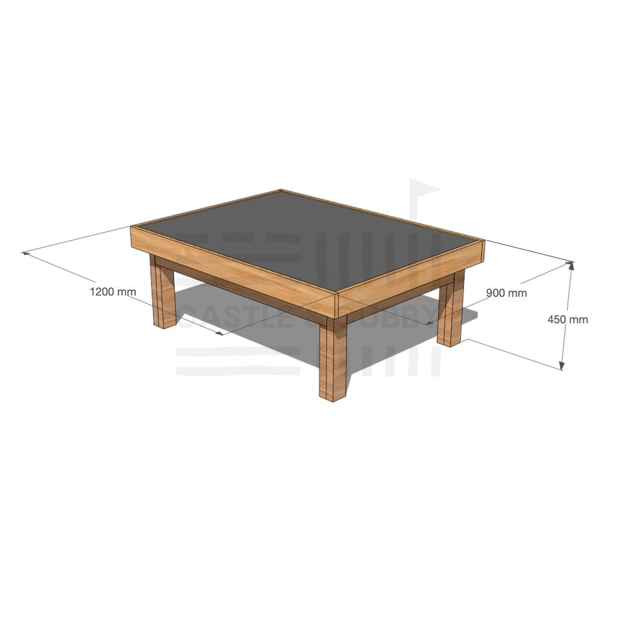 Timber multipurpose chalkboard drawing table 900 x 1200mm and 450mm height with dimensions