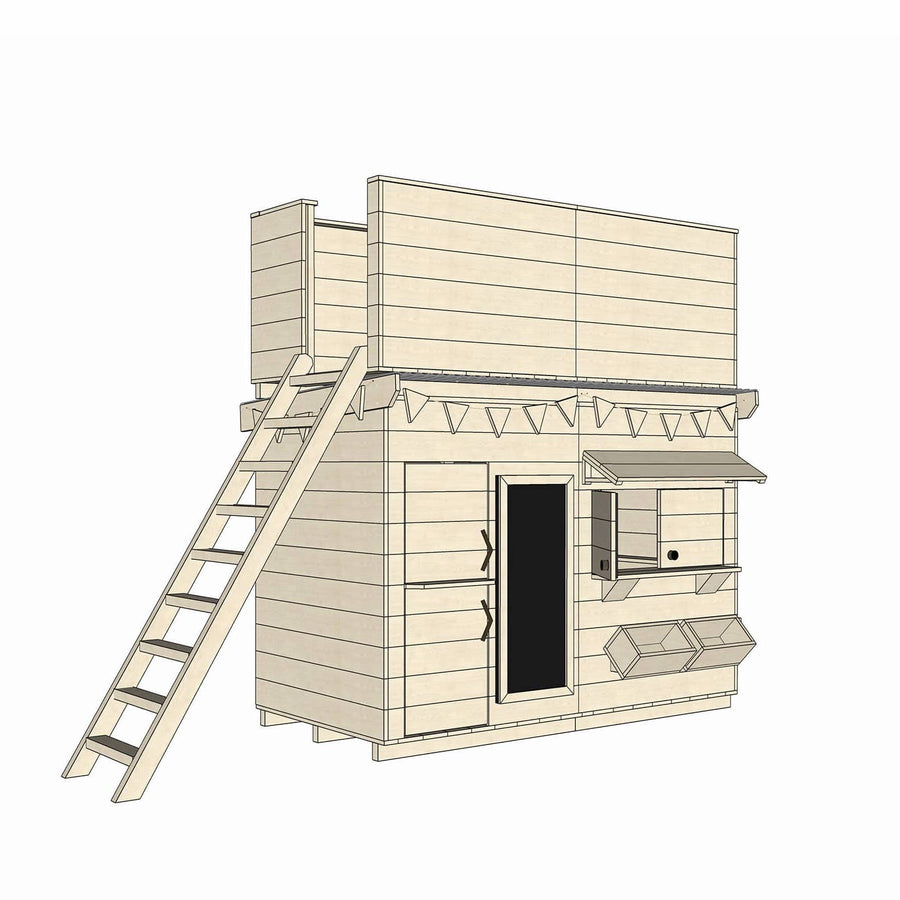 Wooden cubby house with double enclosed fort top and accessories in midi rectangle size