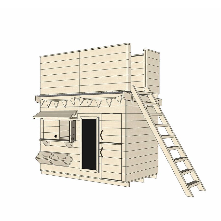 Raw pine cubby house with double enclosed fort top and ladder in midi rectangle size