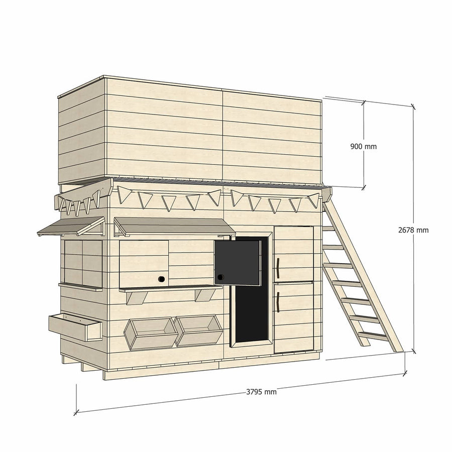 Timber cubby house with a double enclosed fort top in midi rectangle size