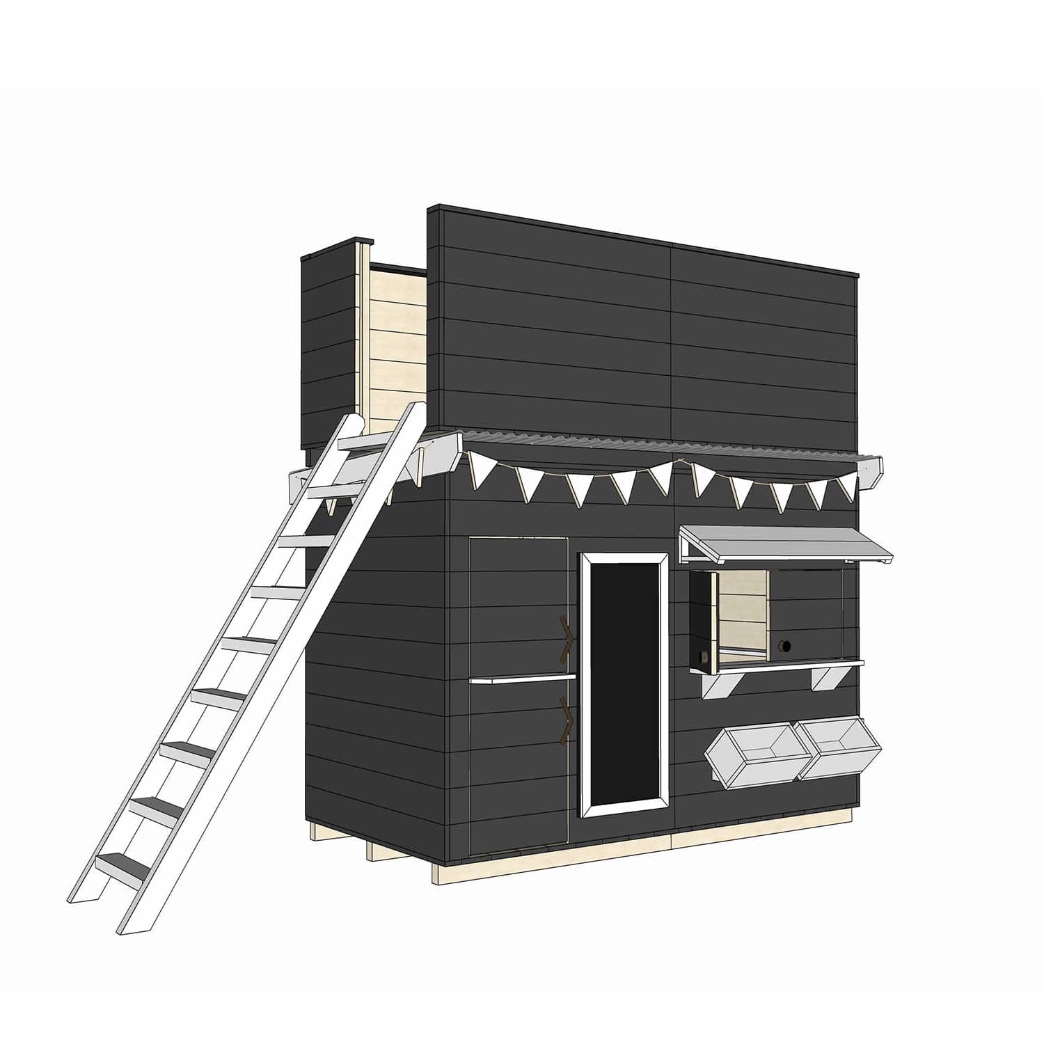 Painted wooden cubby house with double enclosed fort top and accessories in midi rectangle size