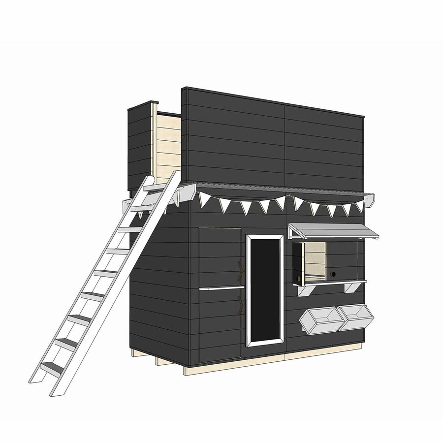 Painted wooden cubby house with double enclosed fort top and accessories in midi rectangle size