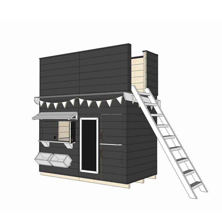 Painted pine cubby house with double enclosed fort top and ladder in midi rectangle size
