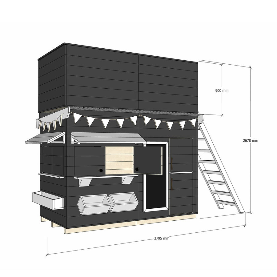 Painted timber cubby house with a double enclosed fort top in midi rectangle size