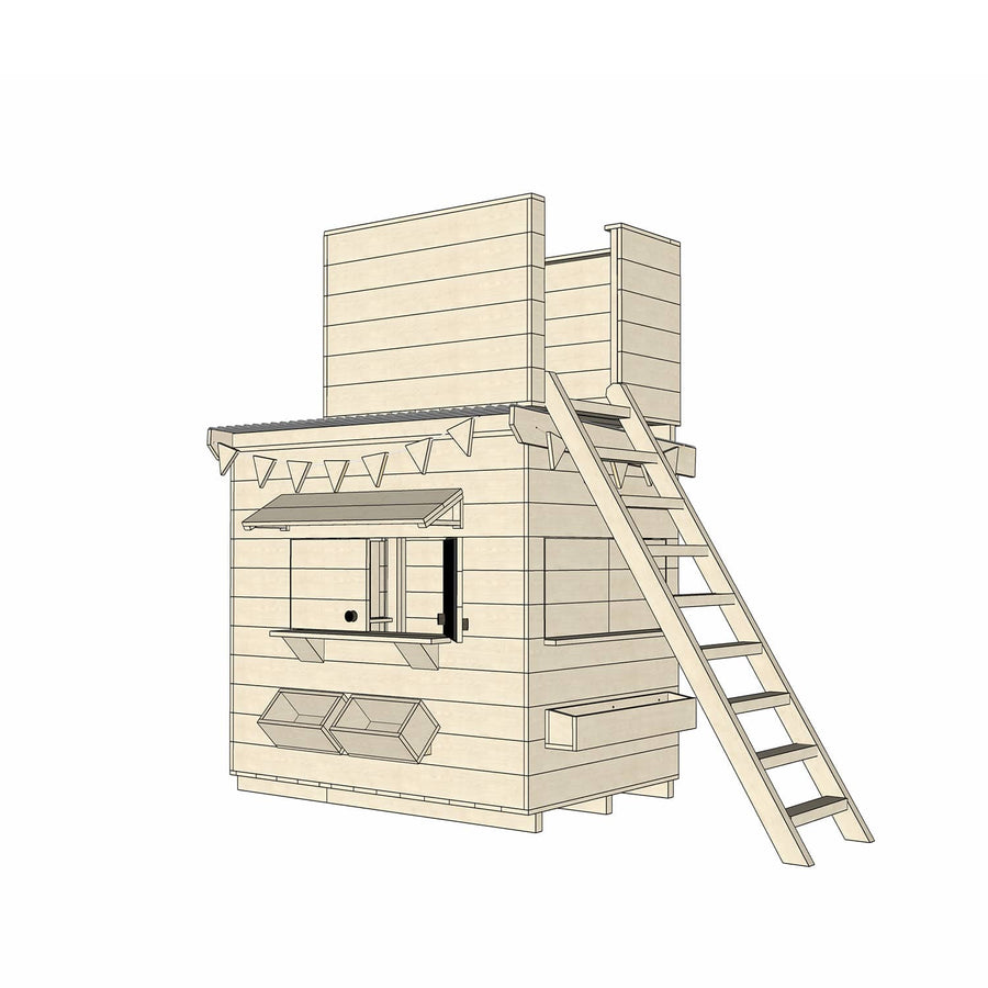 Wooden cubby house with enclosed fort top and accessories in little rectangle size