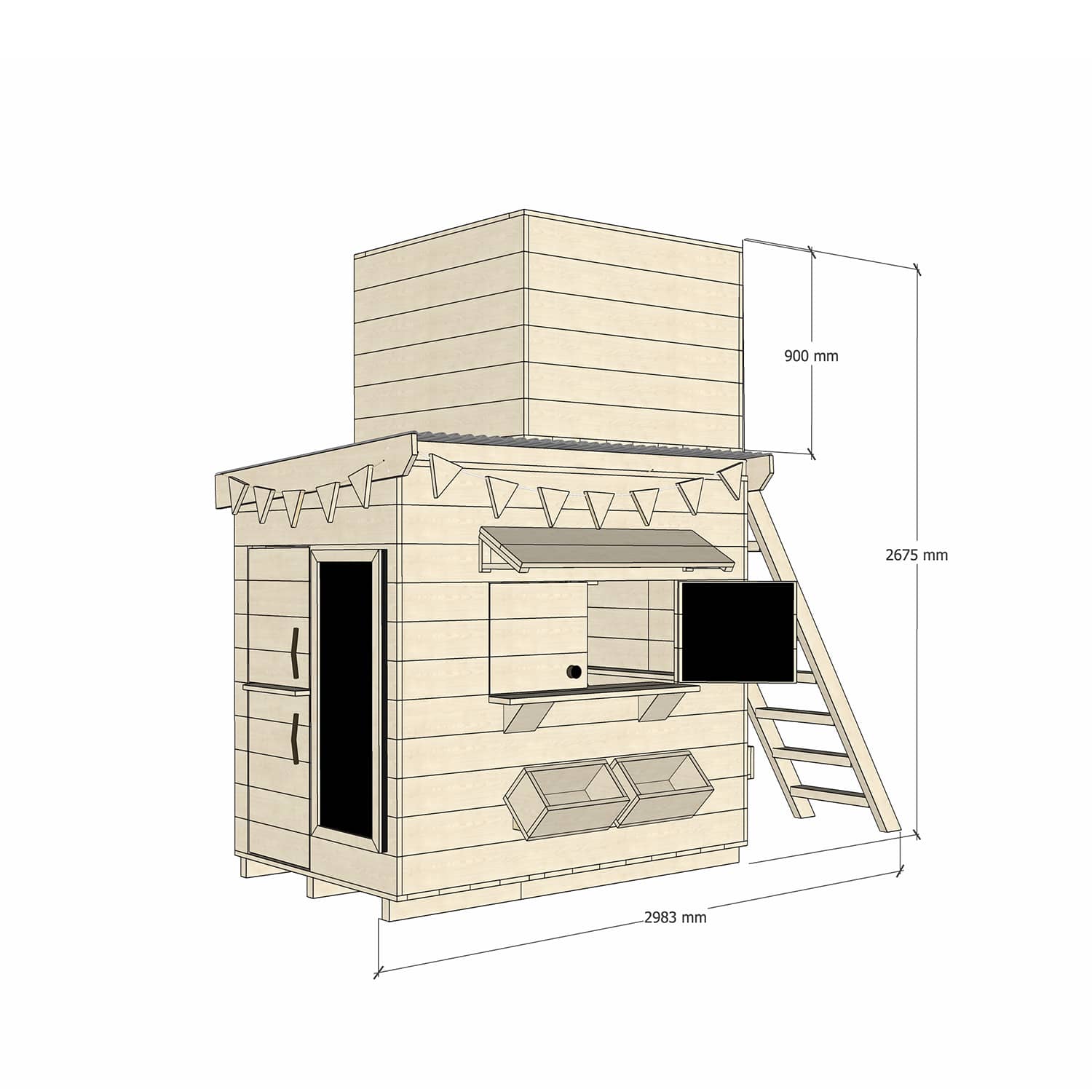 Raw pine cubby house with enclosed fort top and ladder in little rectangle size