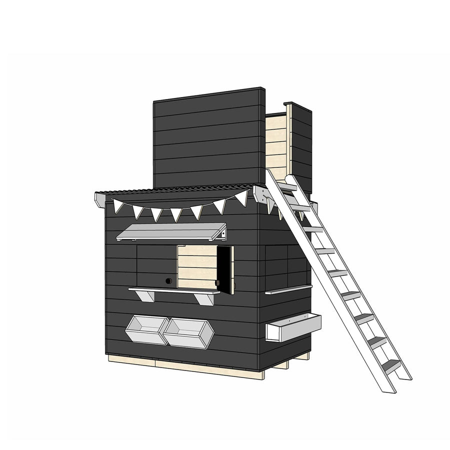 Painted wooden cubby house with enclosed fort top and accessories in little rectangle size