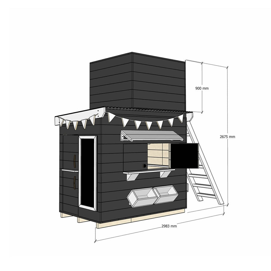 Painted pine cubby house with enclosed fort top and ladder in little rectangle size
