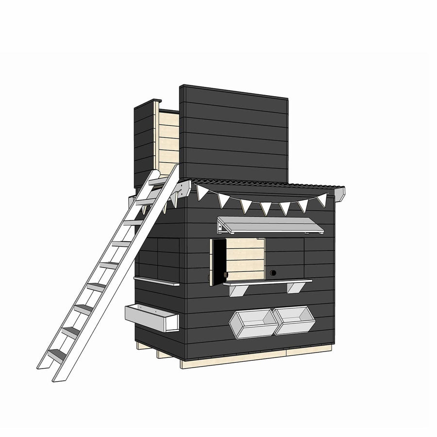 Painted timber cubby house with a enclosed fort top in little rectangle size