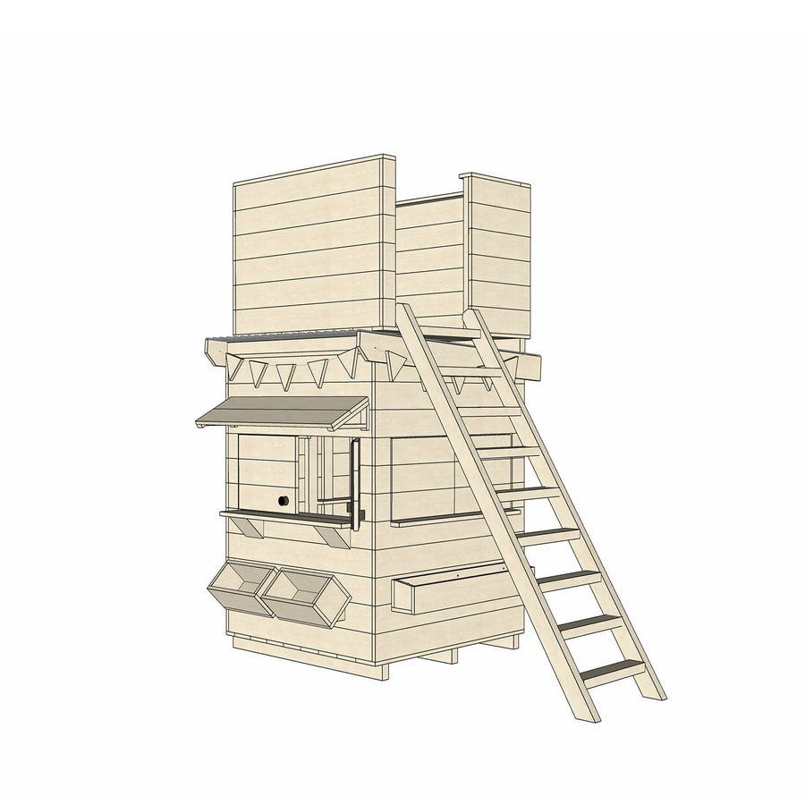 Wooden cubby house with enclosed fort top and accessories in little square size