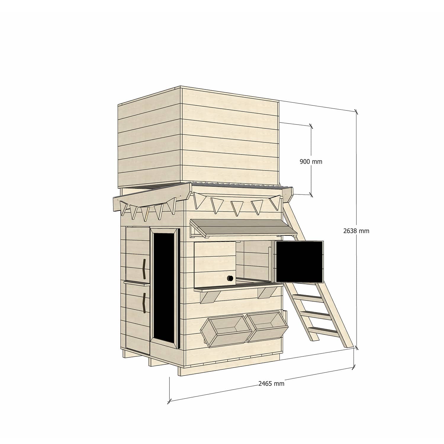 Raw pine cubby house with enclosed fort top and ladder in little square size