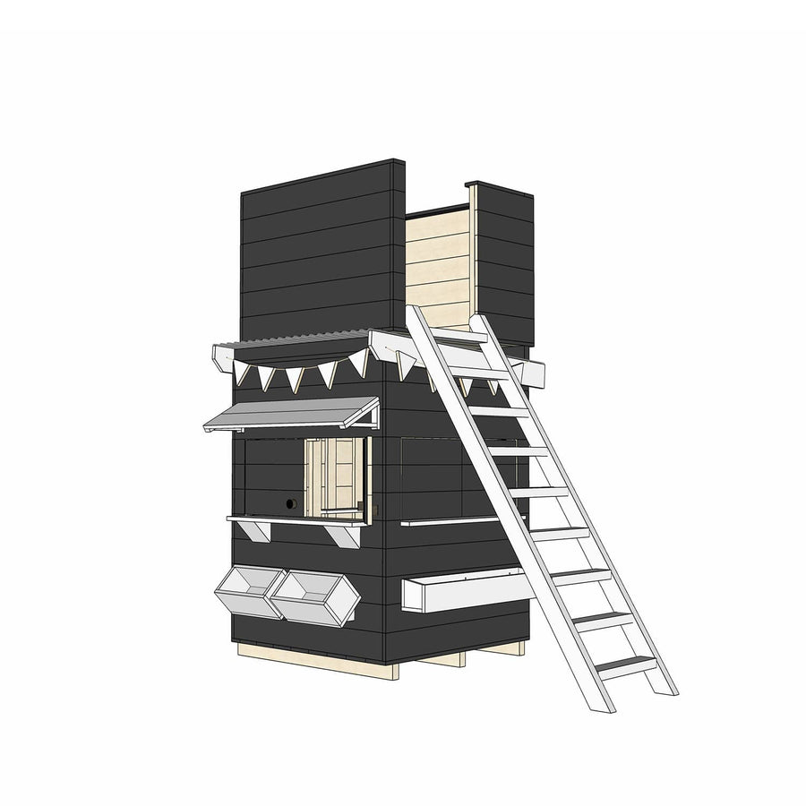 Painted wooden cubby house with enclosed fort top and accessories in little square size