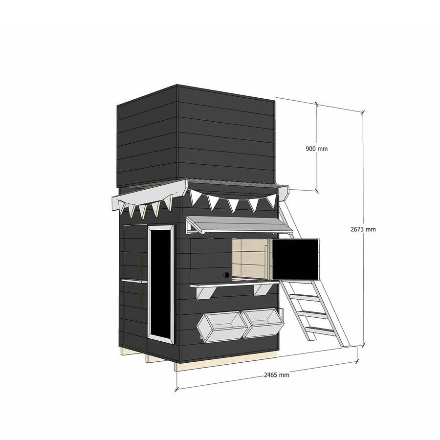 Painted pine cubby house with enclosed fort top and ladder in little square size