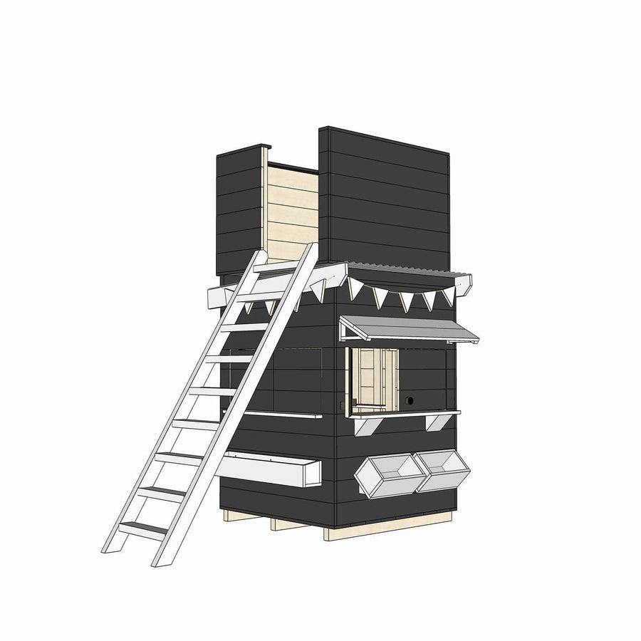 Painted timber cubby house with a enclosed fort top in little square size