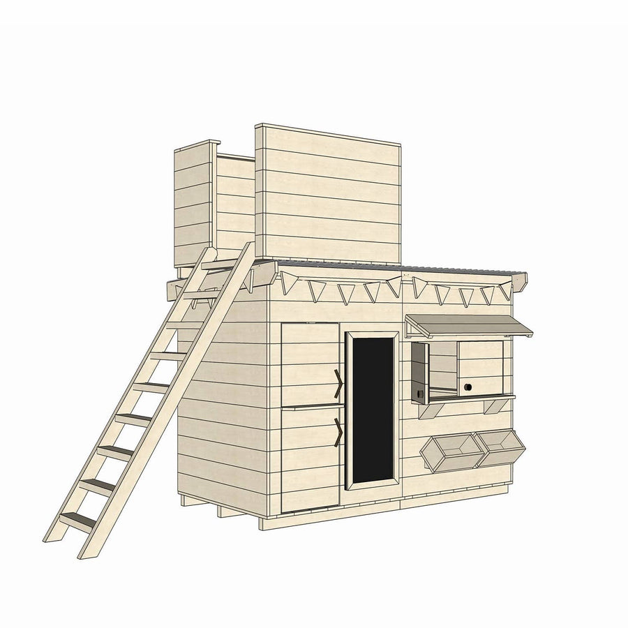 Wooden cubby house with single enclosed fort top and accessories in midi rectangle size