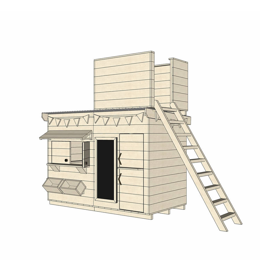 Raw pine cubby house with single enclosed fort top and ladder in midi rectangle size