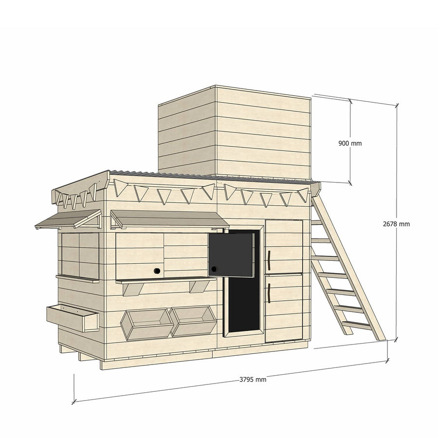 Timber cubby house with a single enclosed fort top in midi rectangle size