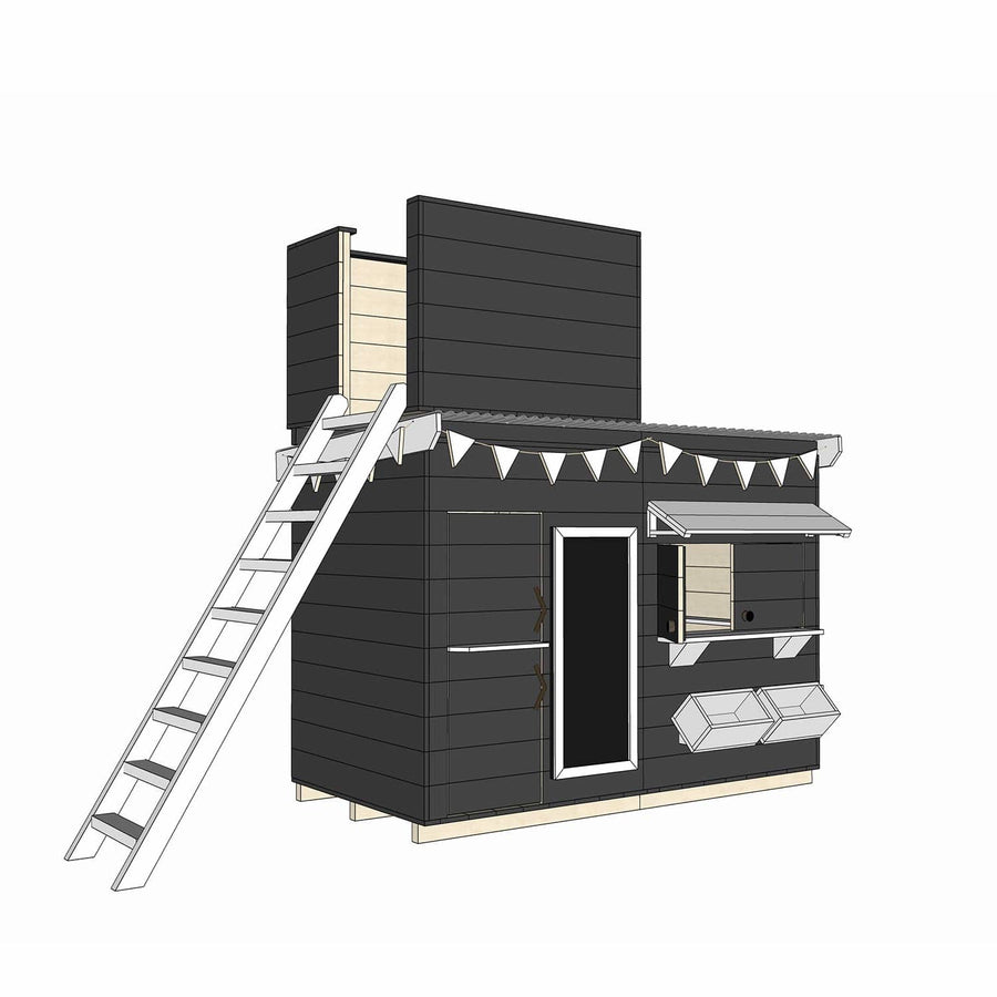 Painted wooden cubby house with single enclosed fort top and accessories in midi rectangle size