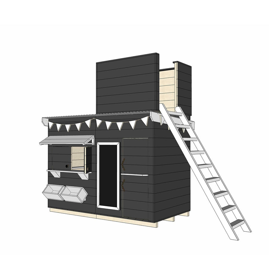 Painted timber cubby house with a single enclosed fort top in midi rectangle size