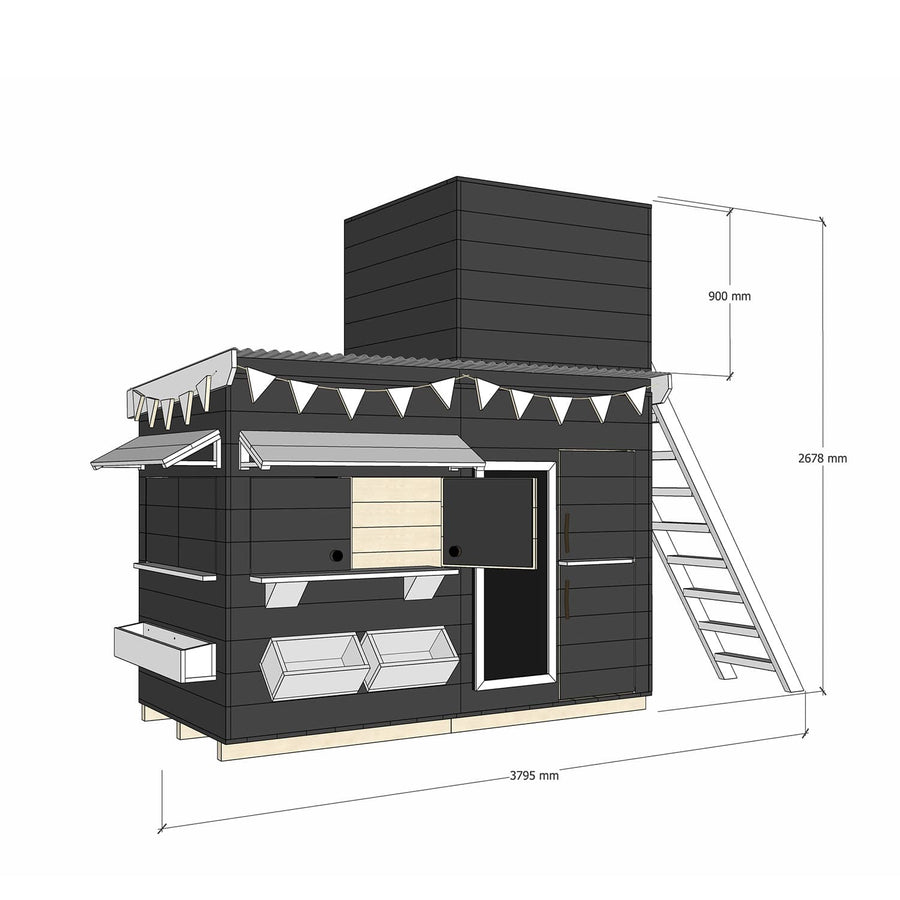 Painted pine cubby house with single enclosed fort top and ladder in midi rectangle size