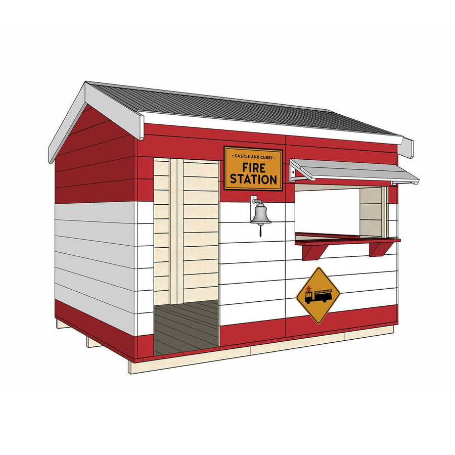 Painted timber fire station village cubby house large rectangle size