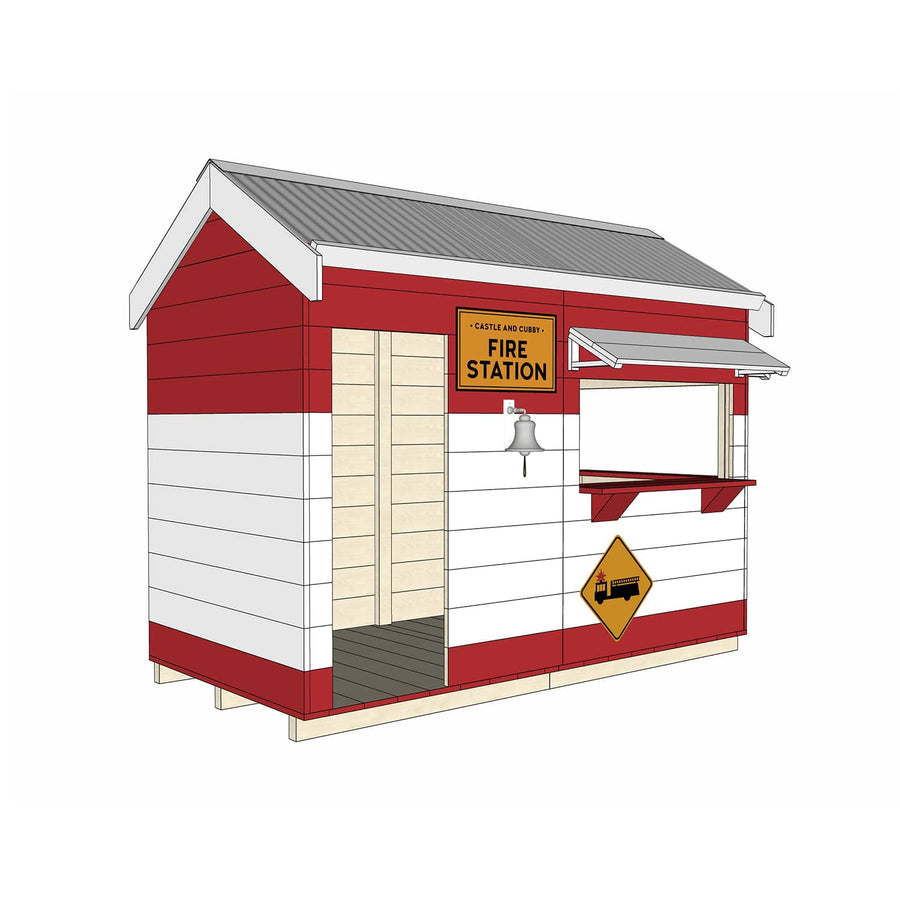 Painted timber fire station village cubby house midi rectangle size