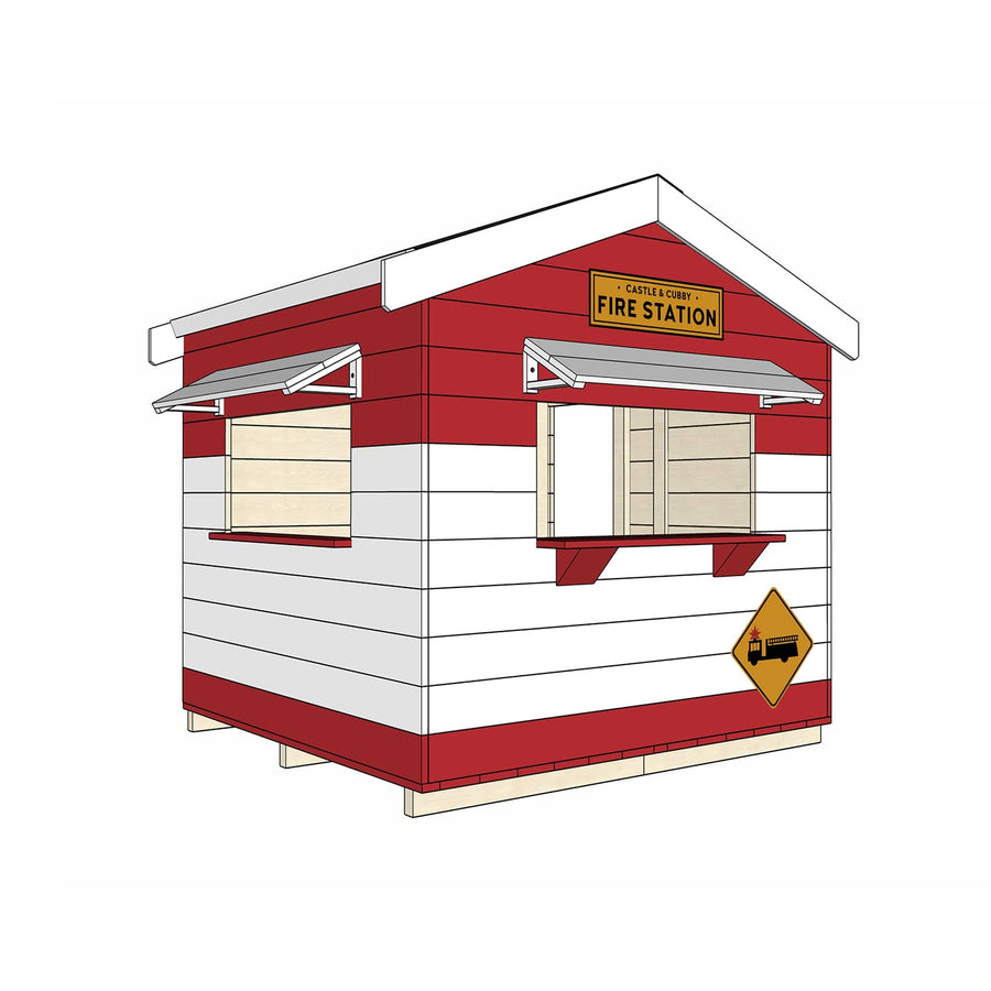 Painted timber fire station village cubby house midi square size