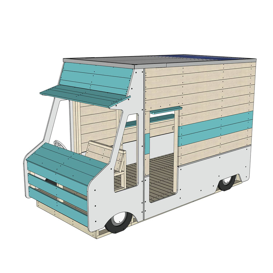 The rear view of the foodtruck showing the door entrance