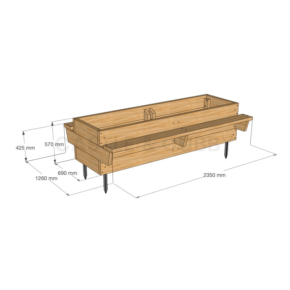 Dimensioned Raised garden bed with seating 1260mm Wide and 2350mm long