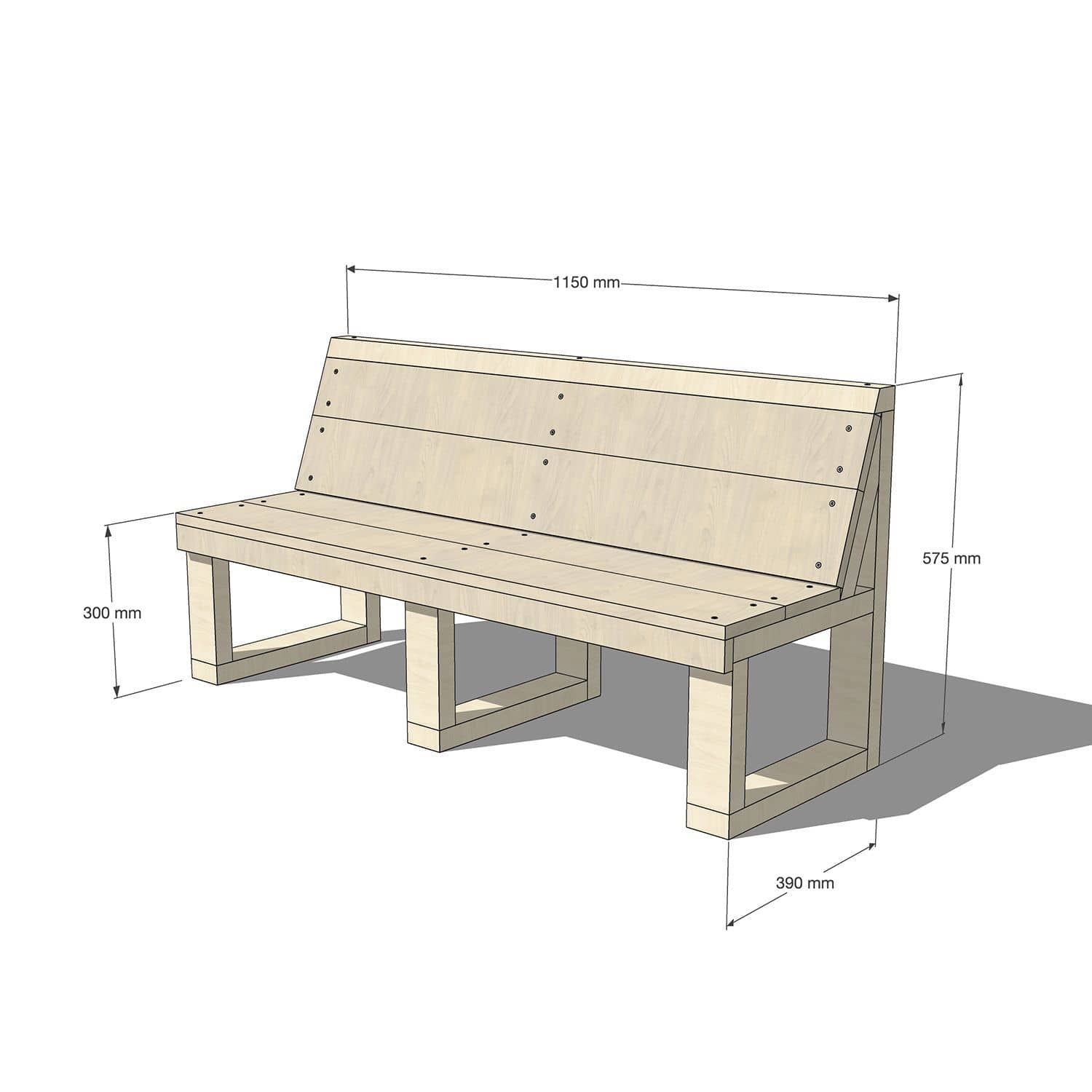Wooden bench seat with back with dimensions