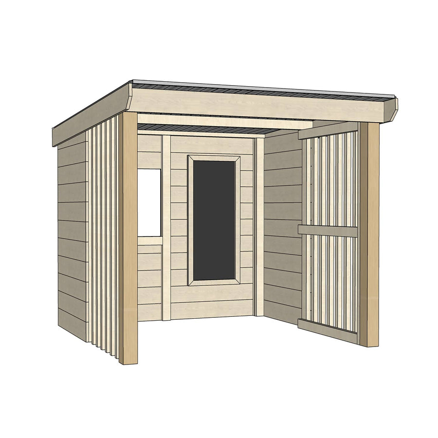 Raw wooden shelter shed without floor plus blackboard and open front for high visibility