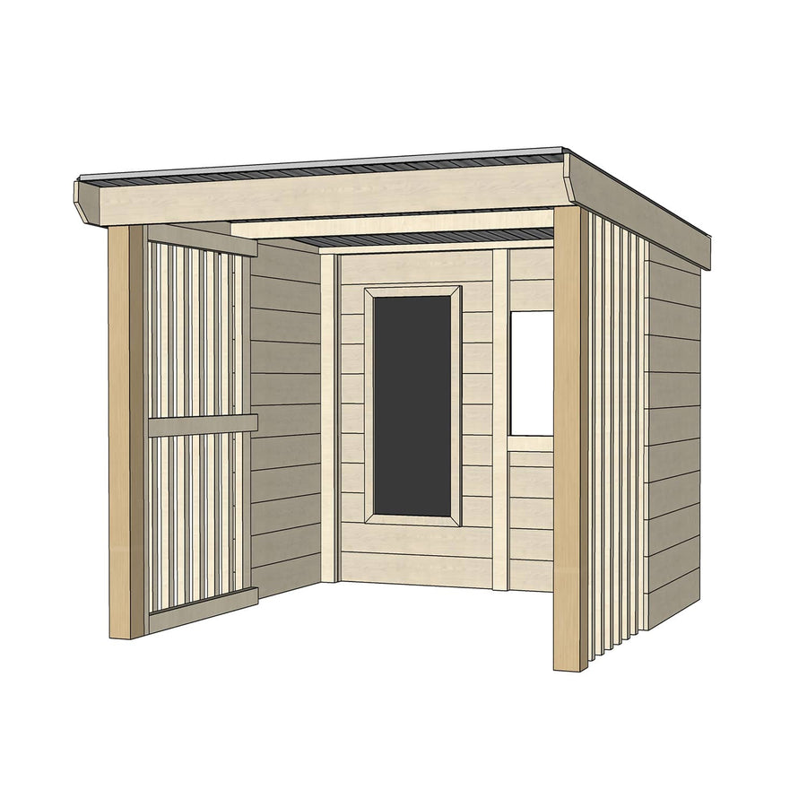 Raw pine cubby shelter without floor, plus window and open front for good supervision